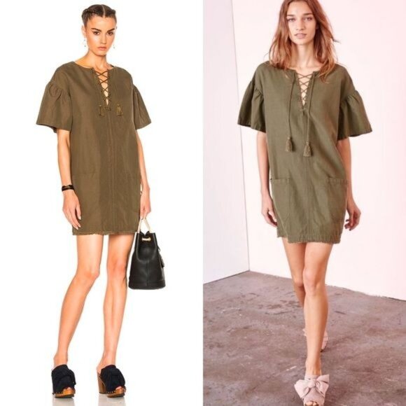 Ulla Johnson Marcelle Olive Cotton Twill Tunic Ruffle Dress - Picture 1 of 13